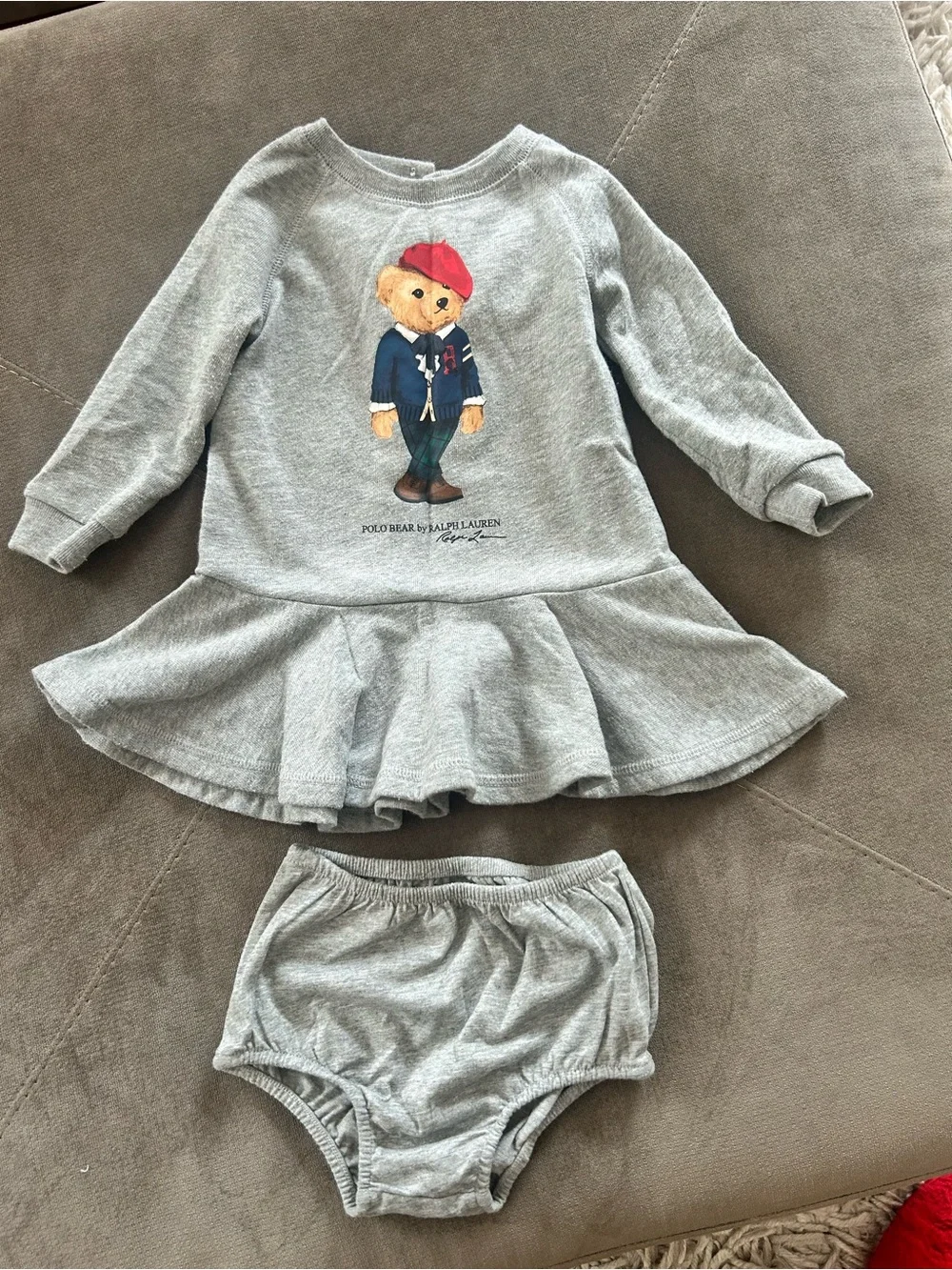Ralph Lauren Grey Polo Bear Knit Dress & Bloomers Size 9 months